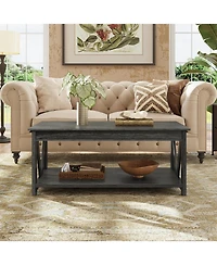 Wlive Farmhouse Coffee Table,Living Room Table with Storage,43 in Wood Center Table with V-Shaped Frame for Home Office,Apartment,Charcoal Black