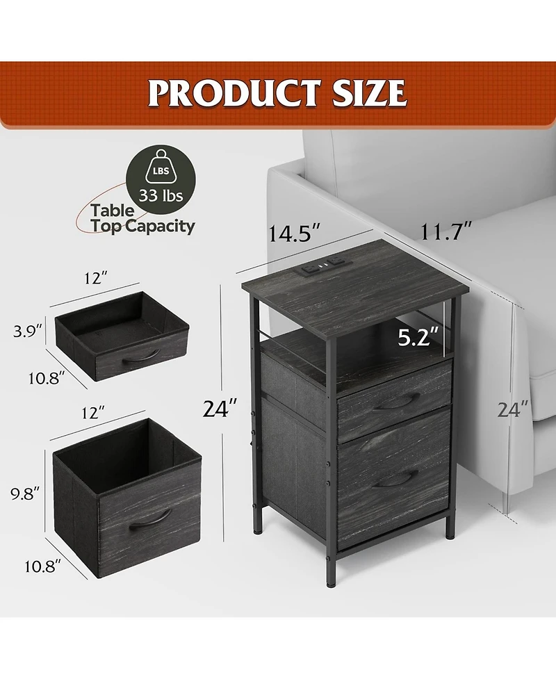 Wlive Nightstand Set of 2 with Charging Station, End Table with 2 Fabric Drawers for Storage, Small Bedroom Dresser, Side Table for Living Room