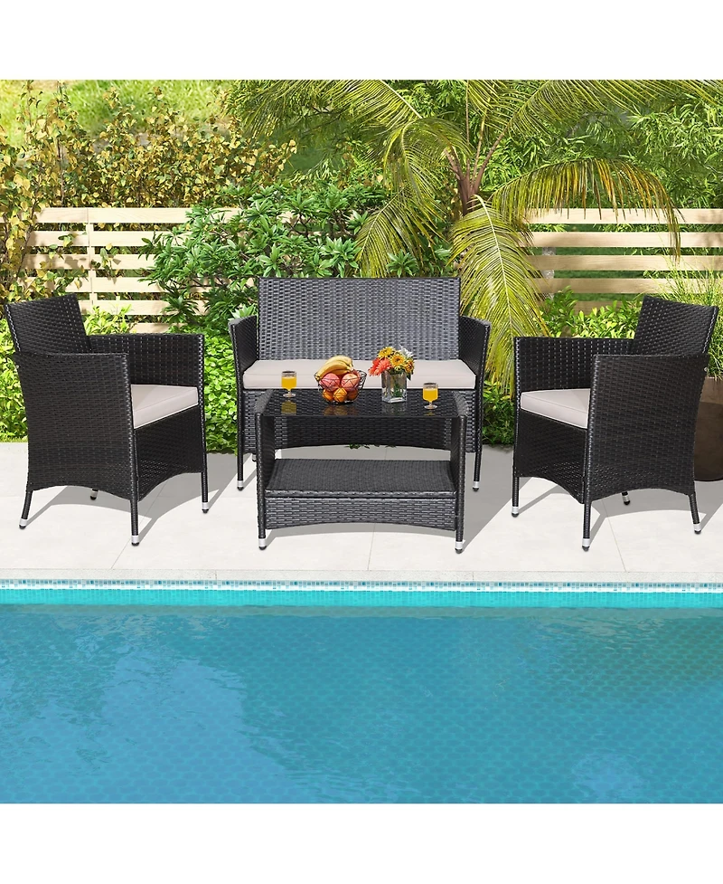 Gymax Piece Patio Rattan Conversation Set Outdoor Wicker Sofa Set w/ Coffee Table Cushions