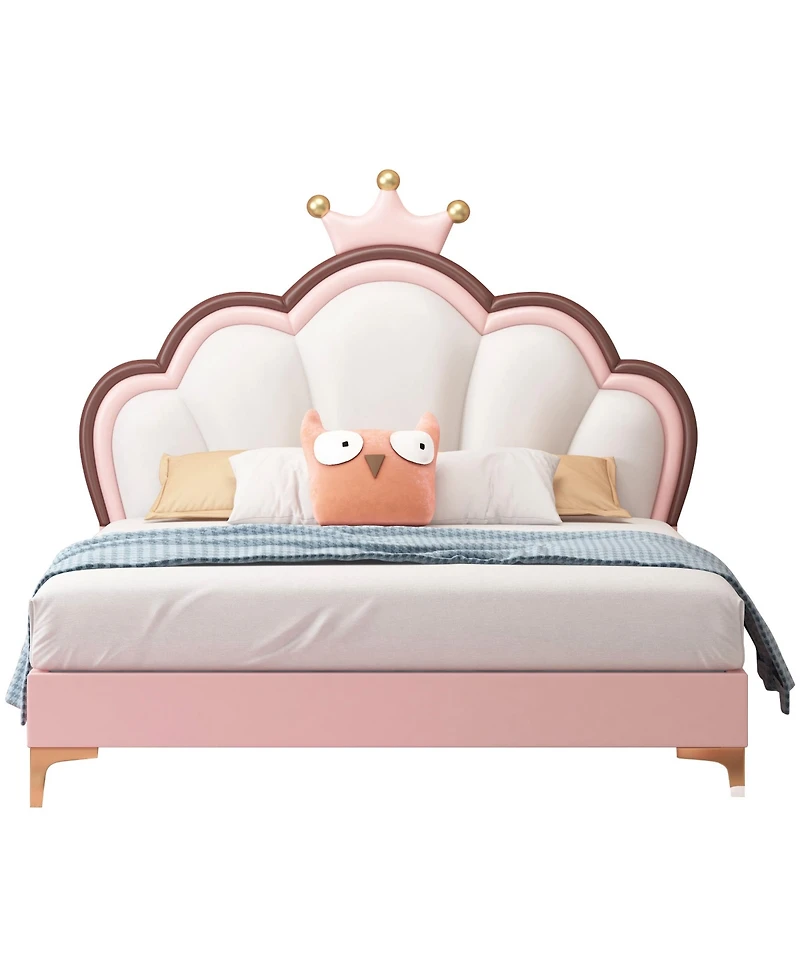 Queen Size Platform Bed Frame with Crown Shaped Headboard, Large Full Children's Bed Frame, Single Double Bed with Pu Leather Headboard