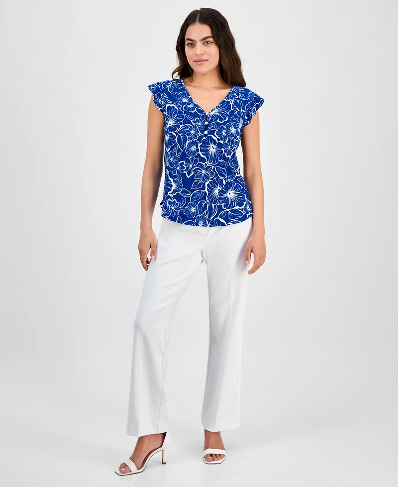 Ak Anne Klein Petite Printed V-Neck Ruffle-Sleeve Blouse