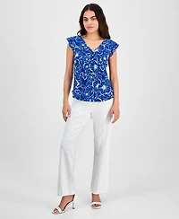 Ak Anne Klein Petite Printed V-Neck Ruffle-Sleeve Blouse