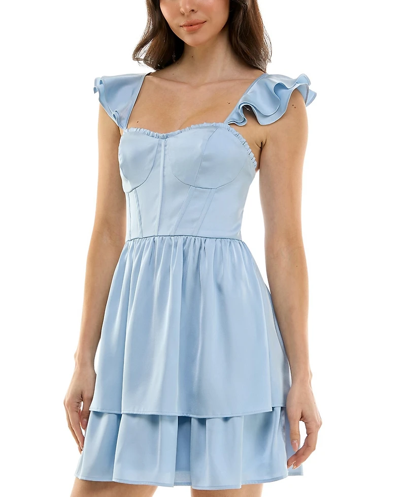 Crystal Doll Juniors' Sweetheart-Neck Ruffle-Sleeve Dress