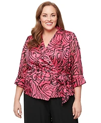 Alex Evenings Plus Printed 3/4-Sleeve Wrap Blouse