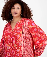 Liverpool Plus Printed Blouson-Sleeve Button-Front Blouse