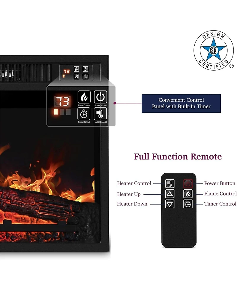 23" Electric Fireplace, 3DInfrared Black Fireplace Electric Insert Heater, with Ir Remote Control, Glass View, Adjustable Realistic Logs & Flames, Ind