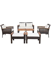 Gymax 7 Piece Outdoor Wicker Conversation Set Patio Rattan Sofa Set w/ Coffee Tables Cushions