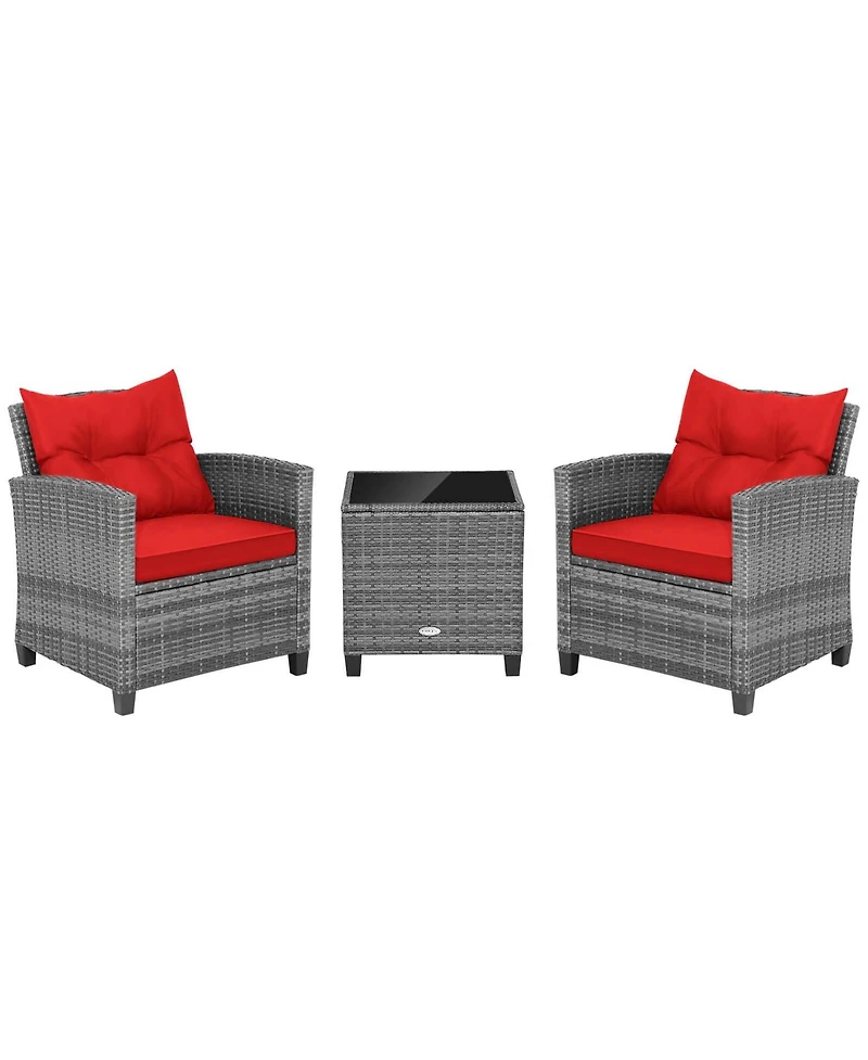 3PCS Patio Rattan Furniture Bistro Set Cushioned Sofas Side Table Armrest
