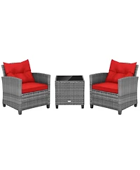 3PCS Patio Rattan Furniture Bistro Set Cushioned Sofas Side Table Armrest