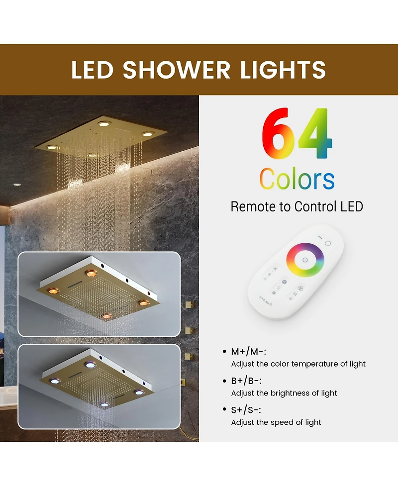 Casainc Led Light Ceiling-Mounted Thermostatic Shower System With Body Jets Handheld
