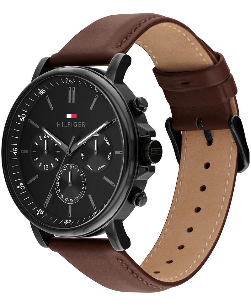 Tommy Hilfiger Men's Multifunction Dark Brown Leather Strap Watch, 44mm