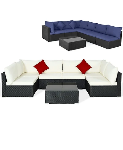 Gymax 7 Piece Patio Rattan Conversation Sectional Furniture Set with Cushion Pillow