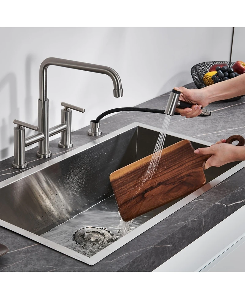 Bridge Kitchen Faucet with Side Sprayer Matte Black 8 Inch Double Handle Widespread Stainless Steel Sink