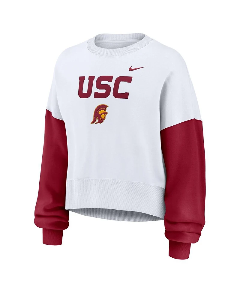 Nike Women's White Usc Trojans Color-Block Oversized Cropped Pullover Sweatshirt