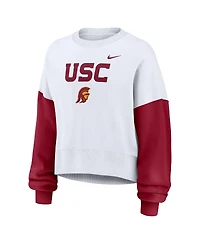 Nike Women's White Usc Trojans Color-Block Oversized Cropped Pullover Sweatshirt