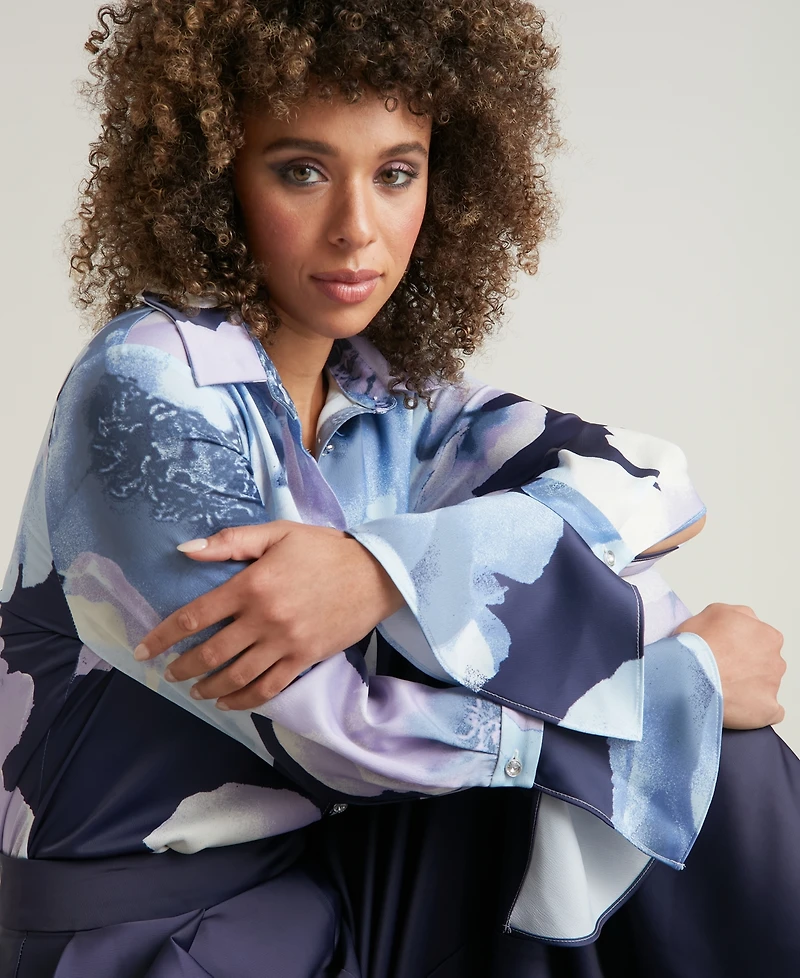 Muse Women's Floral Satin Collared Button-Front Blouse