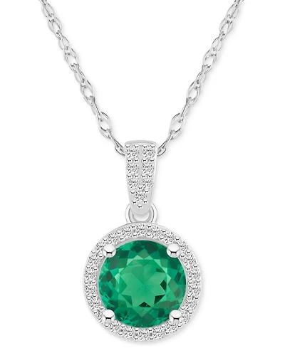 Lab-Created Emerald (1-1/4 ct. t.w.) & White Sapphire (1/6 Halo 18" Pendant Necklace 14k Gold