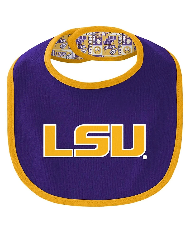 Outerstuff Baby Boys and Girls Lsu Tigers Dynamic Duo Bodysuit, Bib Cuffed Knit Hat Set