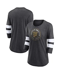 Fanatics Women's Heather Charcoal Boston Bruins One Timer Tri-Blend Scoop Neck 3/4-Sleeve T-Shirt