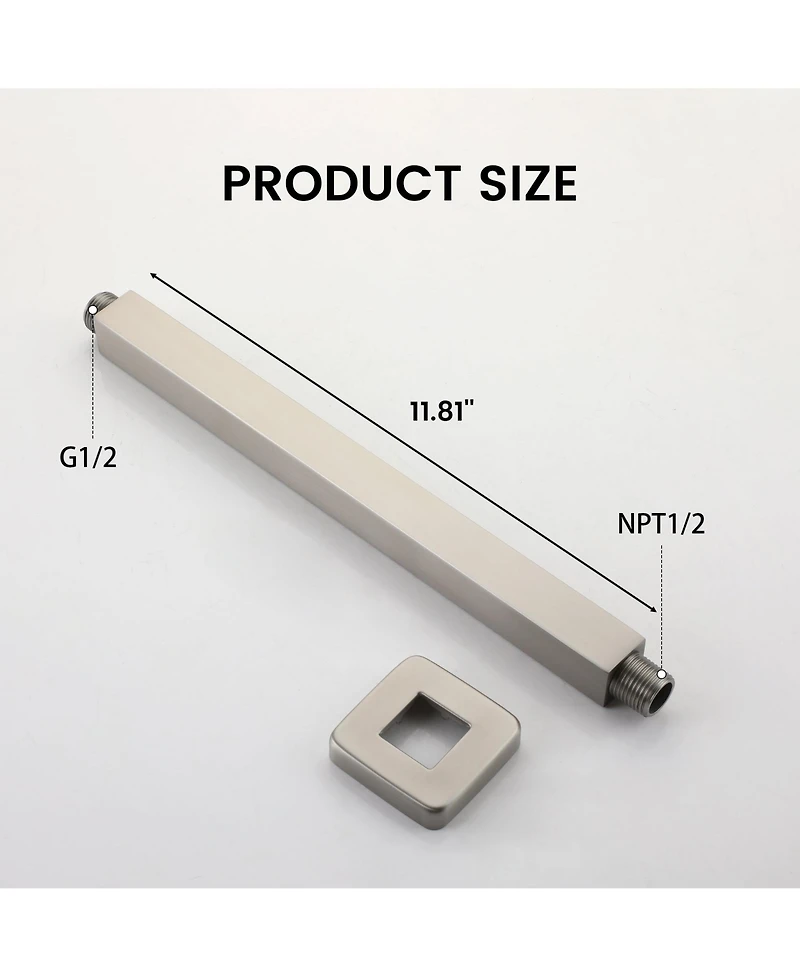 Square Shower Arm - 304 Stainless Steel, Universal 1/2" Npt Thread, Easy Installation, Corrosion-Resistant, and Decorative Cover