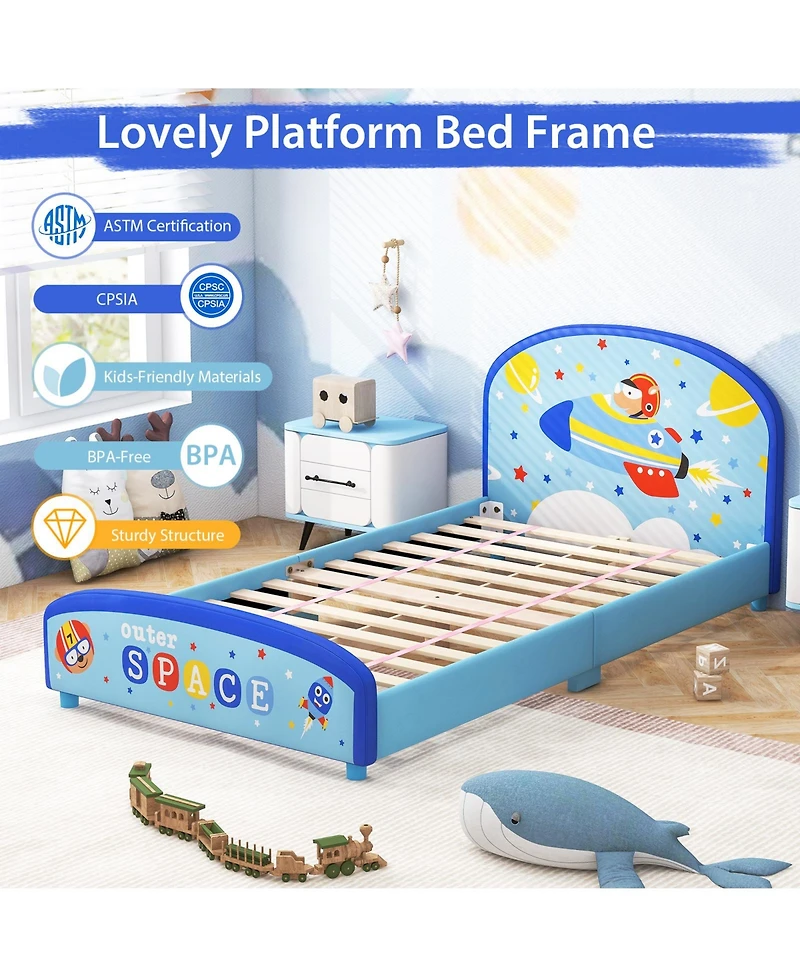 Wood Upholstered Twin Bed Platform with Slat Support