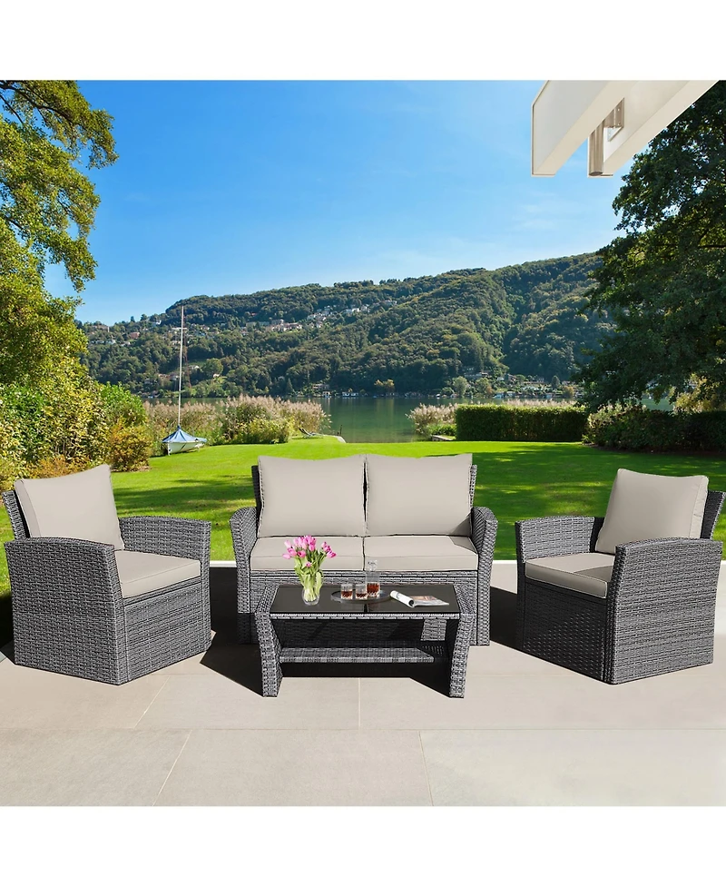 Gymax 4 Piece Outdoor Furniture Set Patio Rattan Conversation Set w/ Cushions