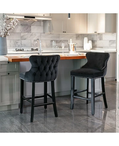 Set of 2 Velvet Counter Height Stools, 26.7" Upholstered Wingback Chairs with Button Tufted Backrest for Kitchen Island-The Pop Home