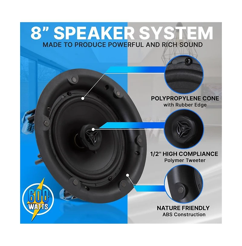Pyle PDIC8LT 8" In-Wall/In-Ceiling 70V Speaker - Flush Mount Low-Profile, 600W, Magnetic Grill, White