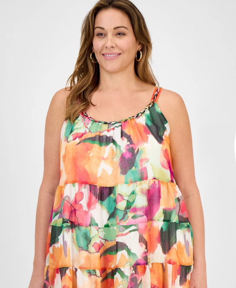 Robbie Bee Plus Size Printed Sleeveless Tiered Midi Dress