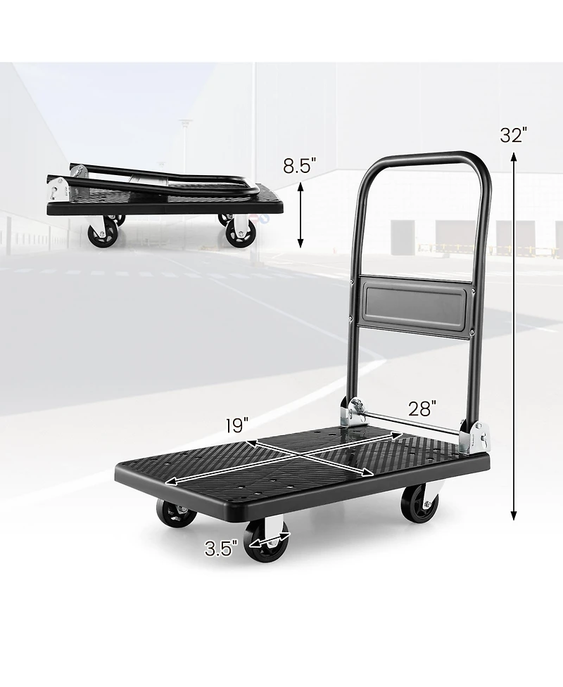 Folding Push Cart Dolly, Moving Platform Hand Truck w/ 360° Swivel Wheels, Spacious & Non-Slip Loading Area, Rolling Flatbed Cart for Loading & S