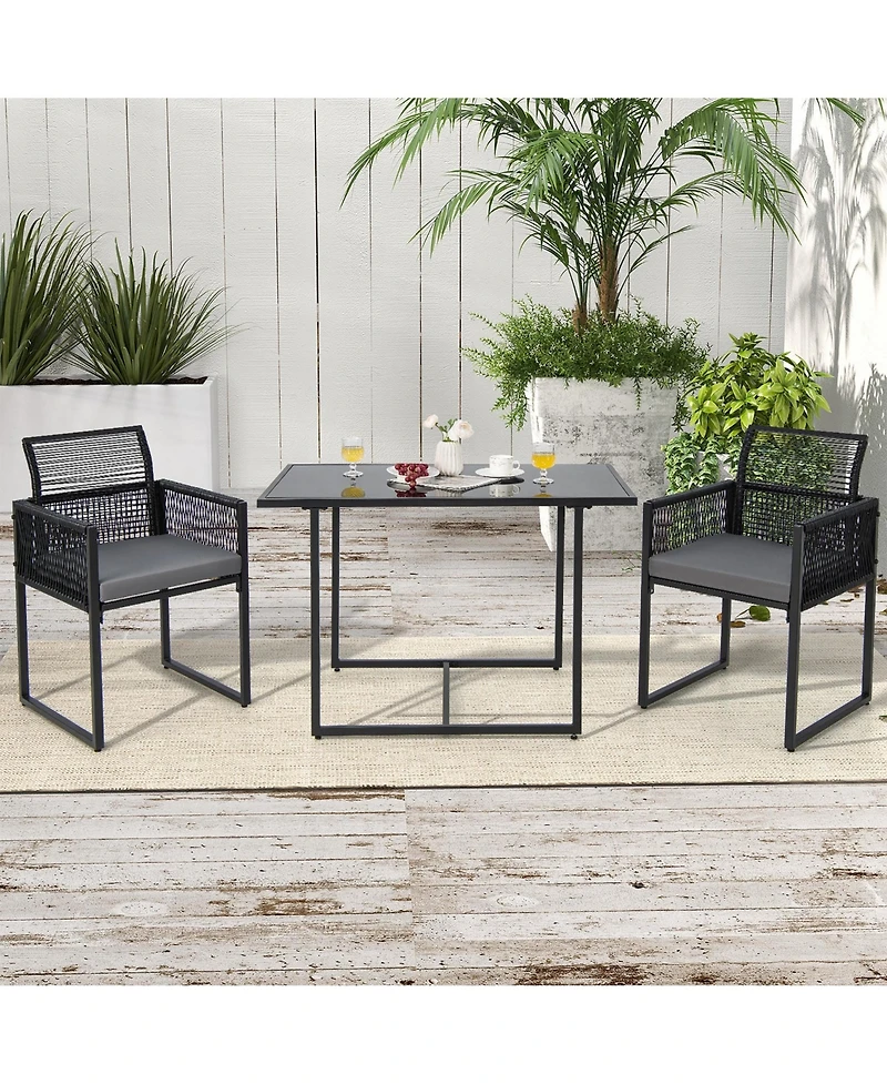 3PCS Patio Pe Wicker Furniture Set Cushioned Chairs with Folding Backrest Backyard