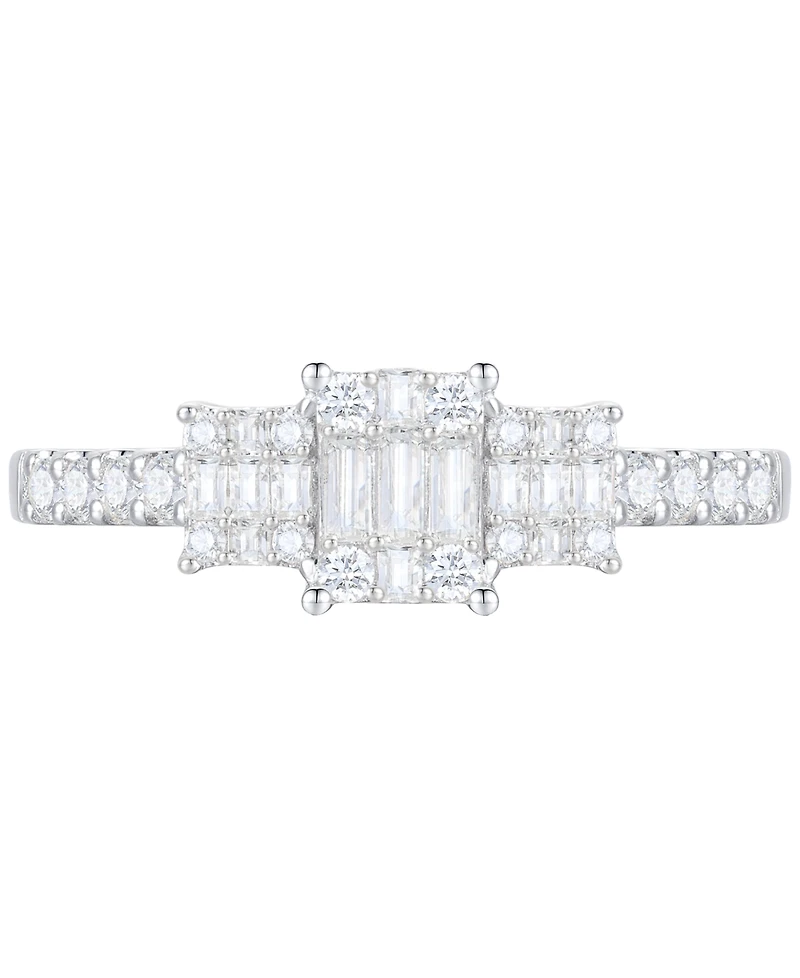 Diamond Emerald Shaped Cluster Three Stone Ring (1/2 ct. t.w.) 14k White Gold