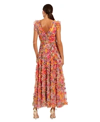 Mac Duggal Women's Floral Mesh Ruffle V Neck Ankle Dress