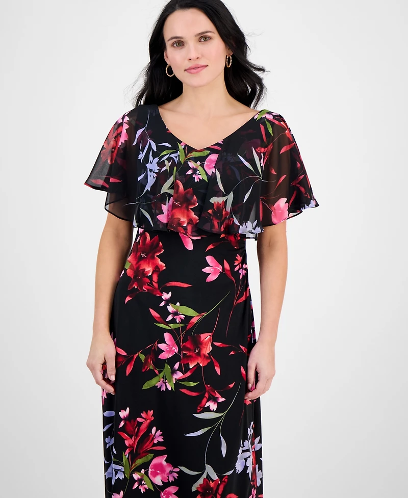 Connected Petite Printed Cape-Overlay Midi Dress