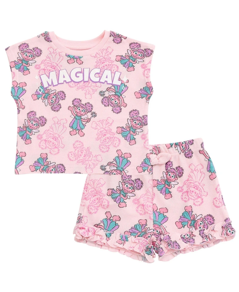 Sesame Street Little Girls Abby Cadabby Waffle Knit T-Shirt and Shorts Outfit Set