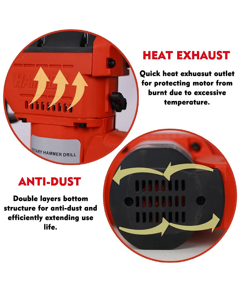 Rotary Hammer 1100W(Red + Black) 1-1/2" Sds Plus Rotary Hammer Drill 3 Functions