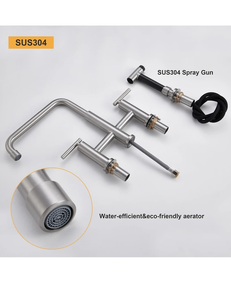 Bridge Kitchen Faucet with Side Sprayer Matte Black 8 Inch Double Handle Widespread Stainless Steel Sink