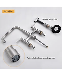 Bridge Kitchen Faucet with Side Sprayer Matte Black 8 Inch Double Handle Widespread Stainless Steel Sink
