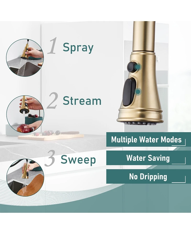 Bridge Kitchen Faucet with Pull Down Sprayer 3 Holes Double Handle Brass Faucets, Brushed Nickel
