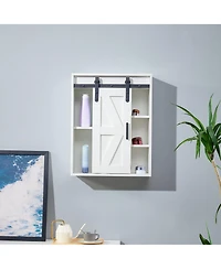 Wood wall-mounted storage cabinet, 5-layer toilet bathroom storage cabinet, multifunctional cabinet with adjustable door, white