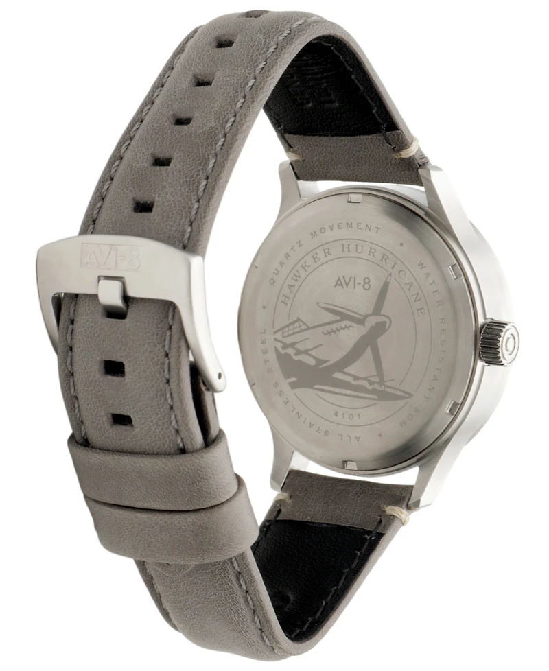 Avi-8 Men's Hawker Hurricane Mckellar Dual-Time Gray Leather Strap Watch, 44mm