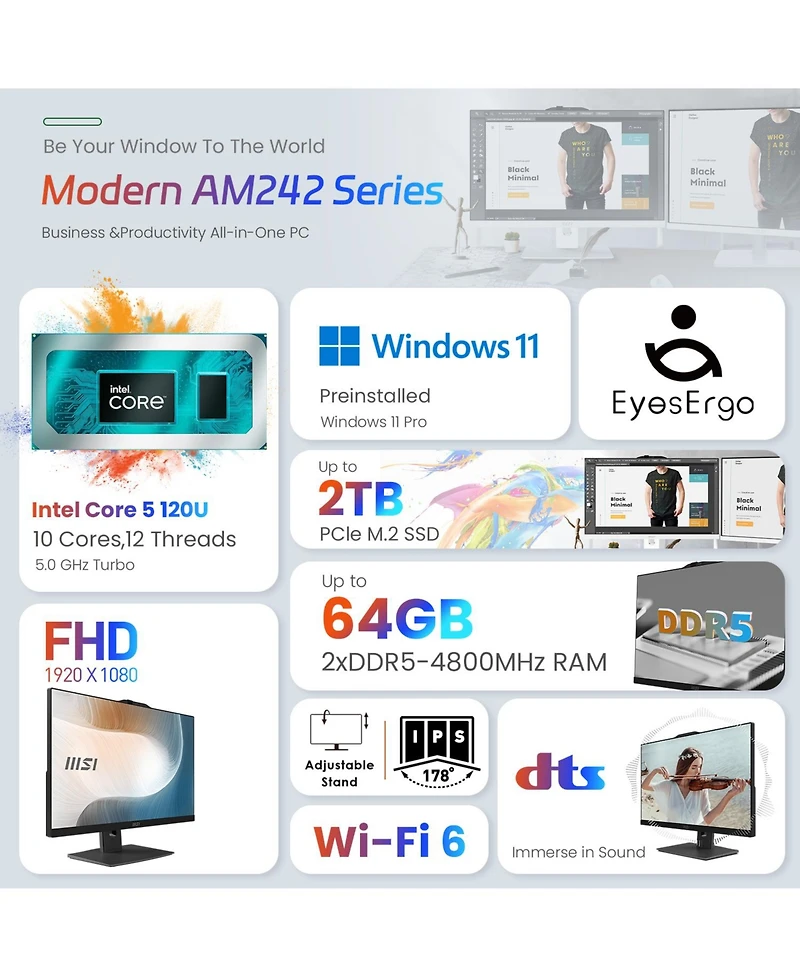 Msi Modern AP242P 23.8" Daily All-in-One Intel Core 5 120U 16GB Ram Intel Graphics 1TB Ssd Storage Windows 11 Pro Fhd 60Hz - Black