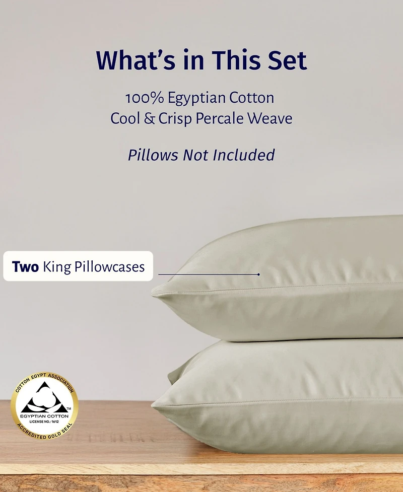 Luxury 100% Egyptian Cotton Pillowcases King Set of 2 - Classic Percale, Soft & Breathable, Fits Pillows