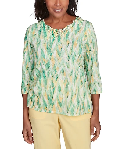 Alfred Dunner Petite Rise & Shine Bright Textured Strokes Embellished Top