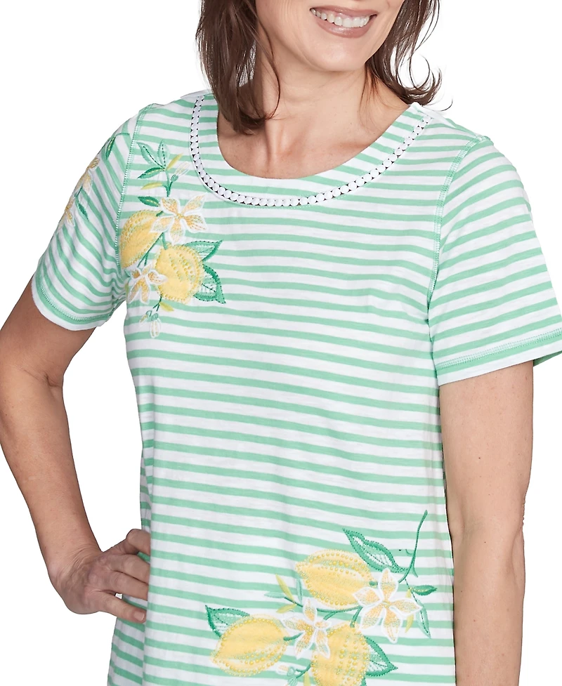 Alfred Dunner Petite Rise & Shine Lemon Printed Striped Top