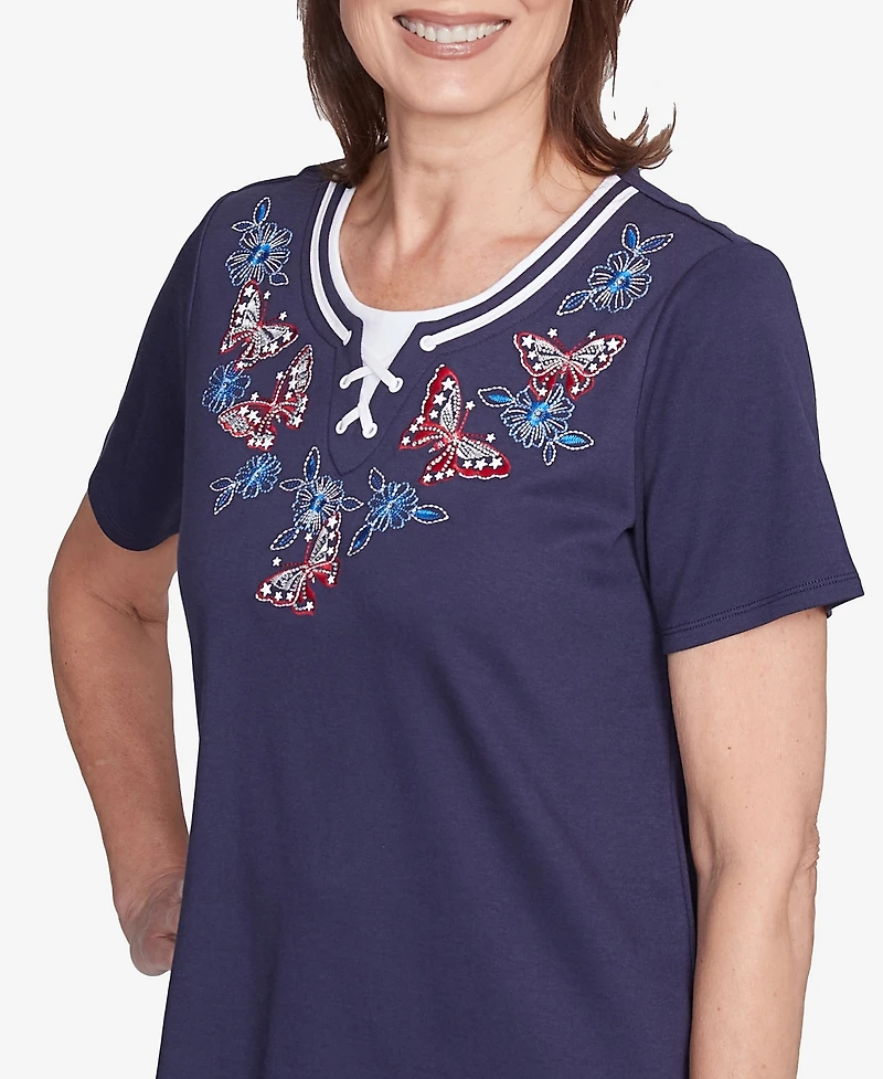 Alfred Dunner Petite Land of The Free Butterfly Criss-Cross Crew Neck Top