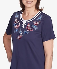 Alfred Dunner Petite Land of The Free Butterfly Criss-Cross Crew Neck Top