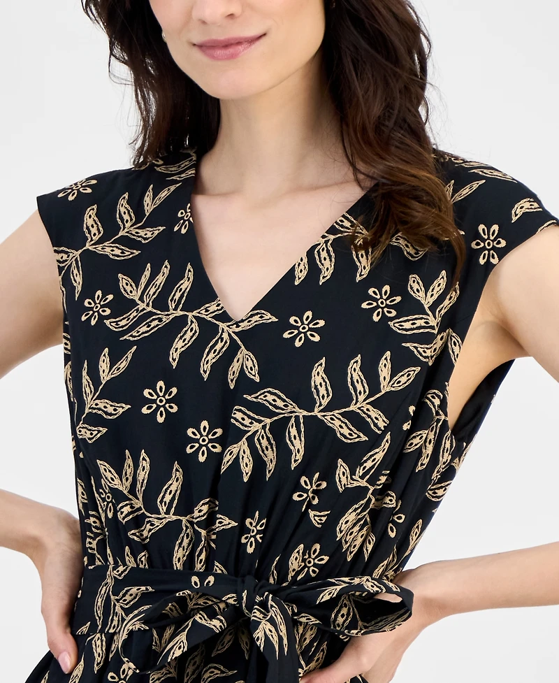 Kasper Women's Printed Leaf-Print Cotton Midi Dress