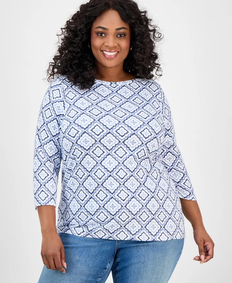 Style & Co Plus Printed 3/4-Sleeve Knit Top, Exclusively at Macy's