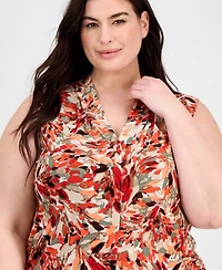 Kasper Plus Printed Pleat-Neck Top